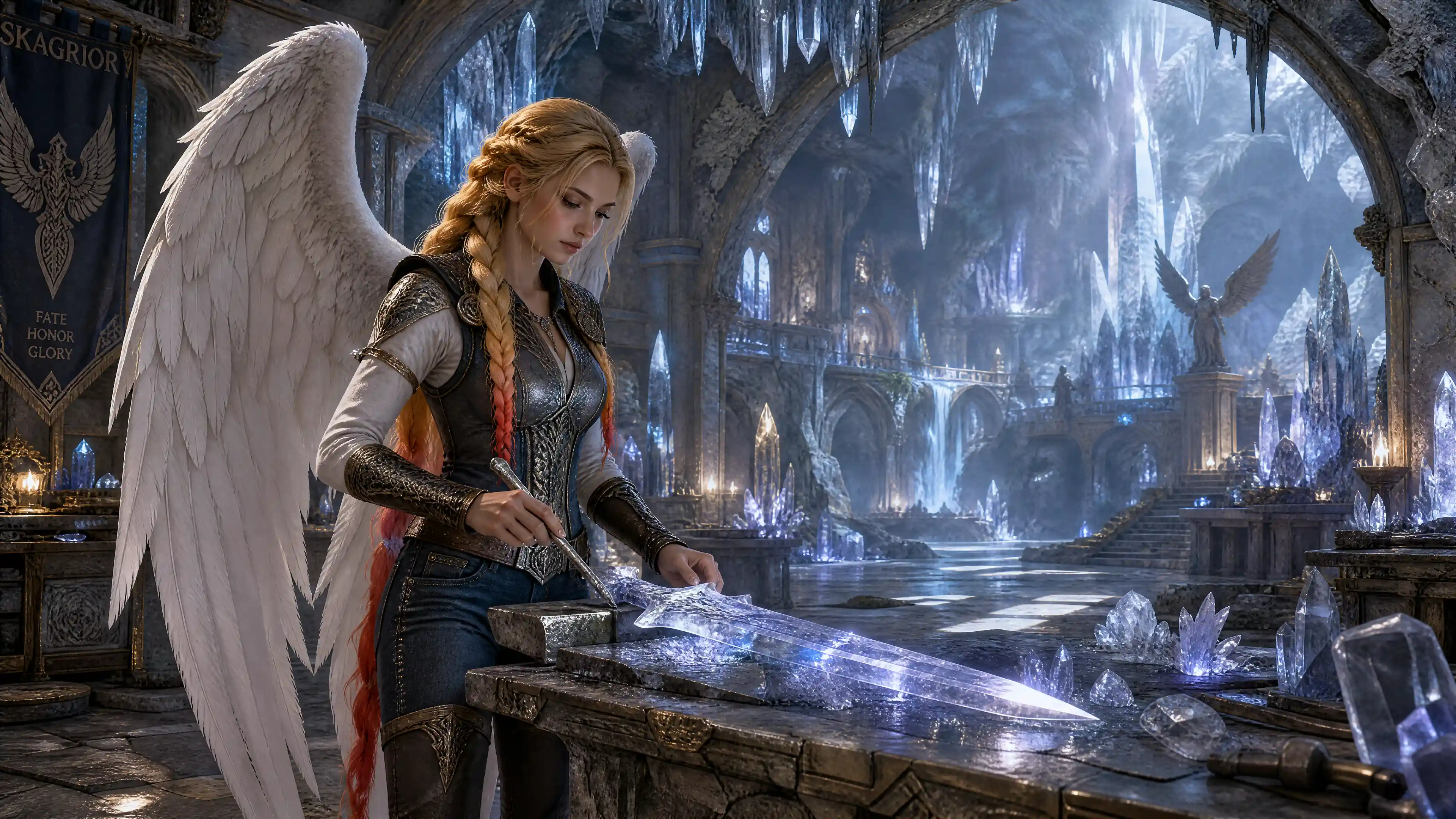 Valkyrie forging a crystal sword in glowing cavern