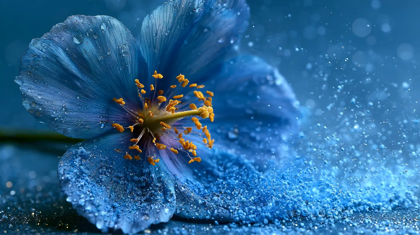 Fiore blu con petali gialli e polvere blu mistica