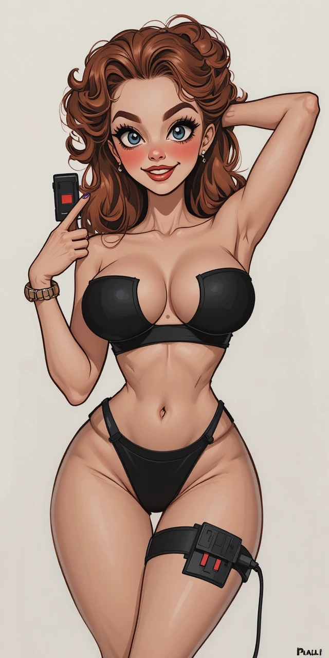 Donna giocosa in stile pin up con capelli ricci e cavo