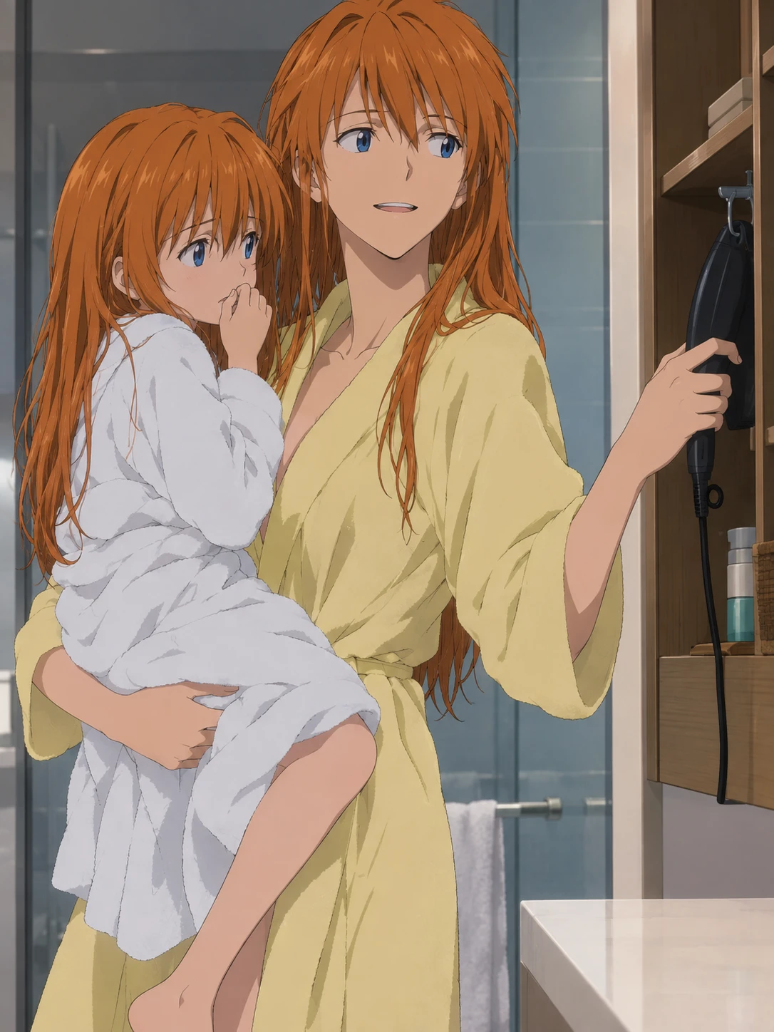 Anime mother holding daughter in bathroom after bath