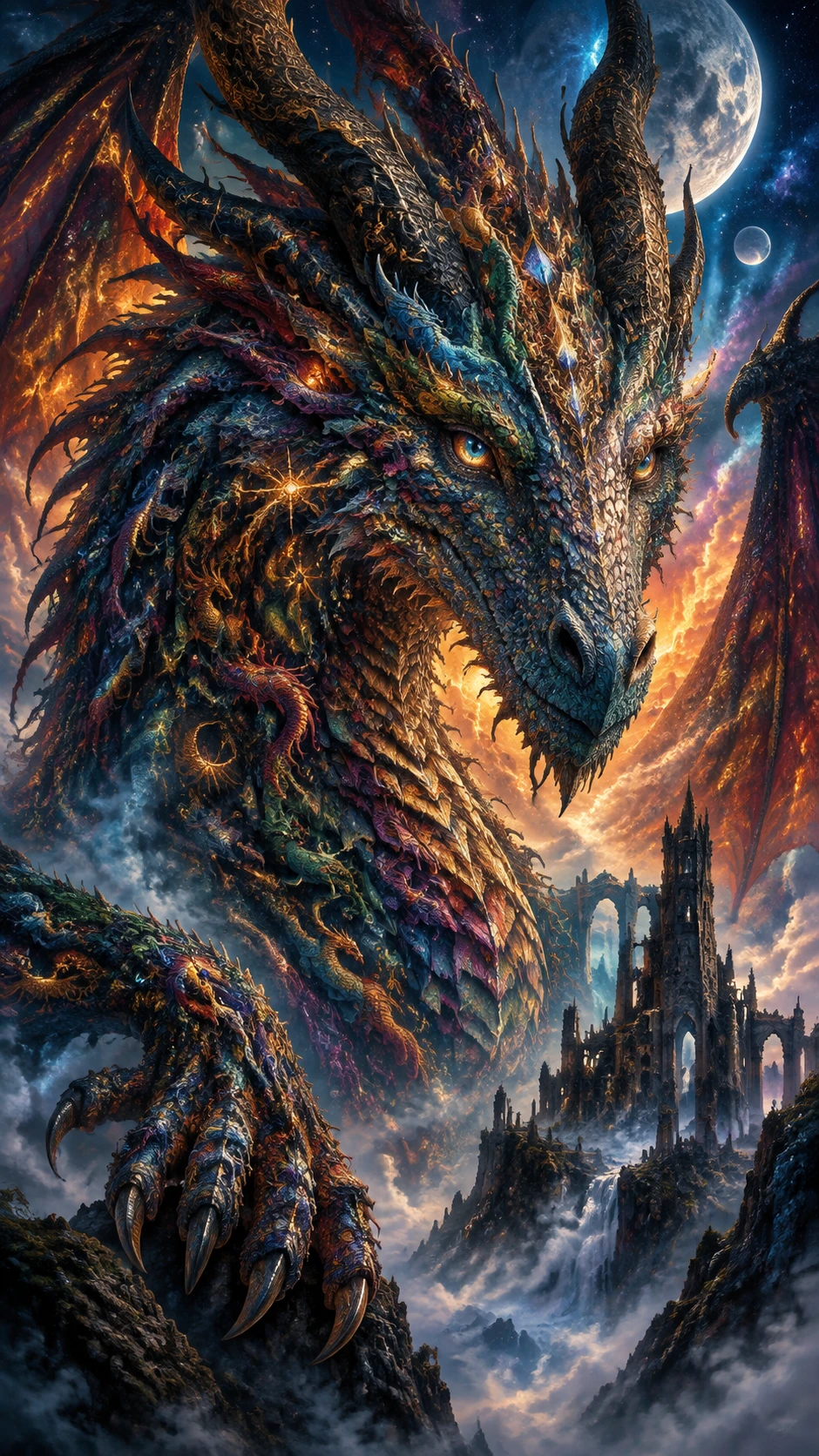 Portrait d’un dragon antique surgissant d’une brume céleste tourbillonnante
