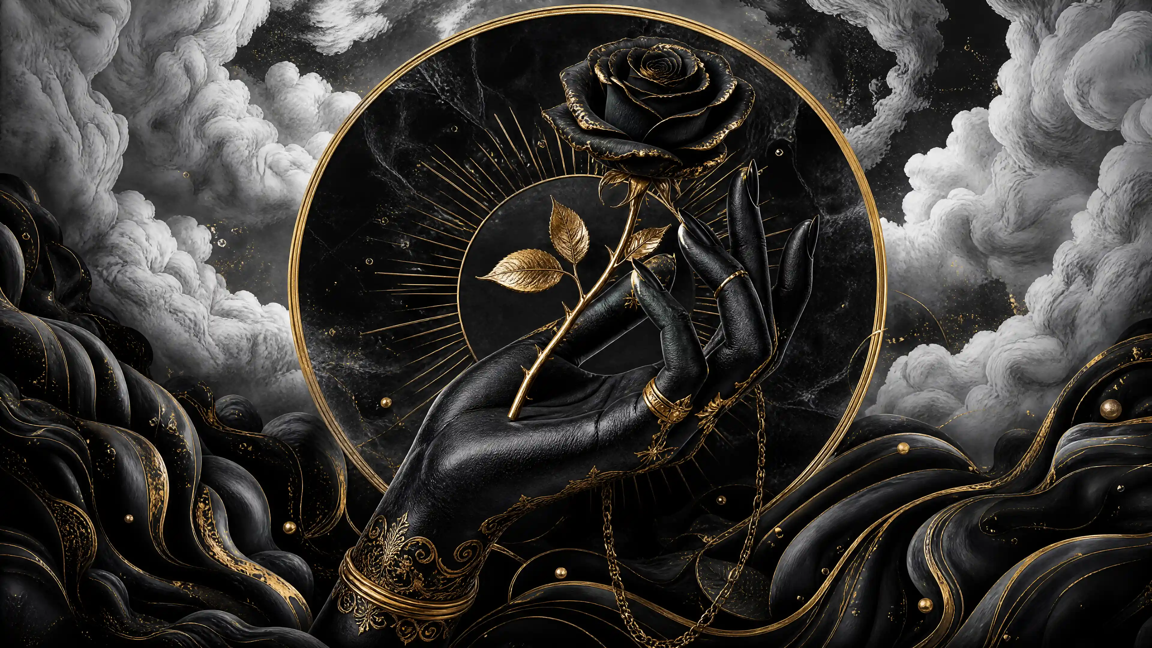Abstract black and white composition with subtle gold details