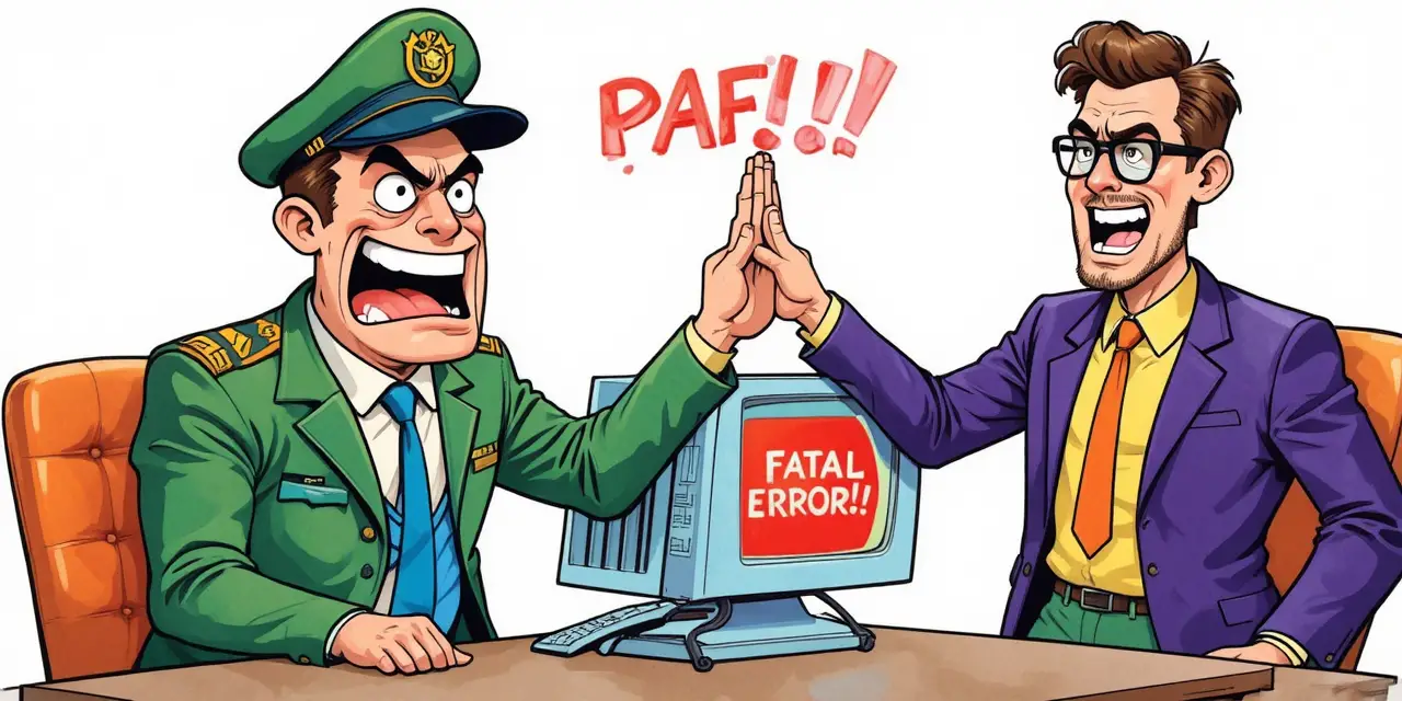 Oficial de desenho animado irritado gritando com computador em erro fatal