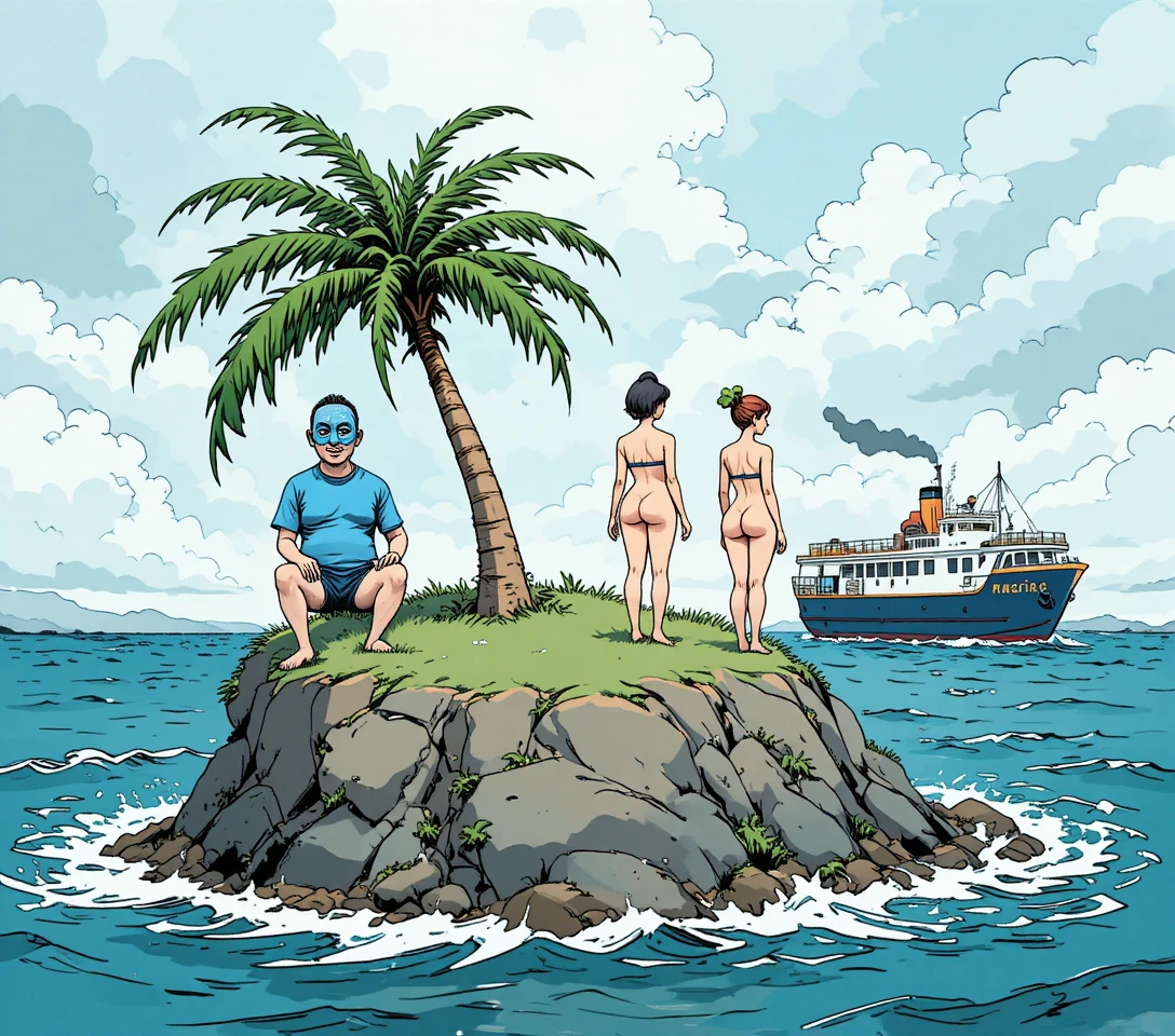 Náufragos de dibujos animados en una diminuta isla desierta con barco hundiéndose
