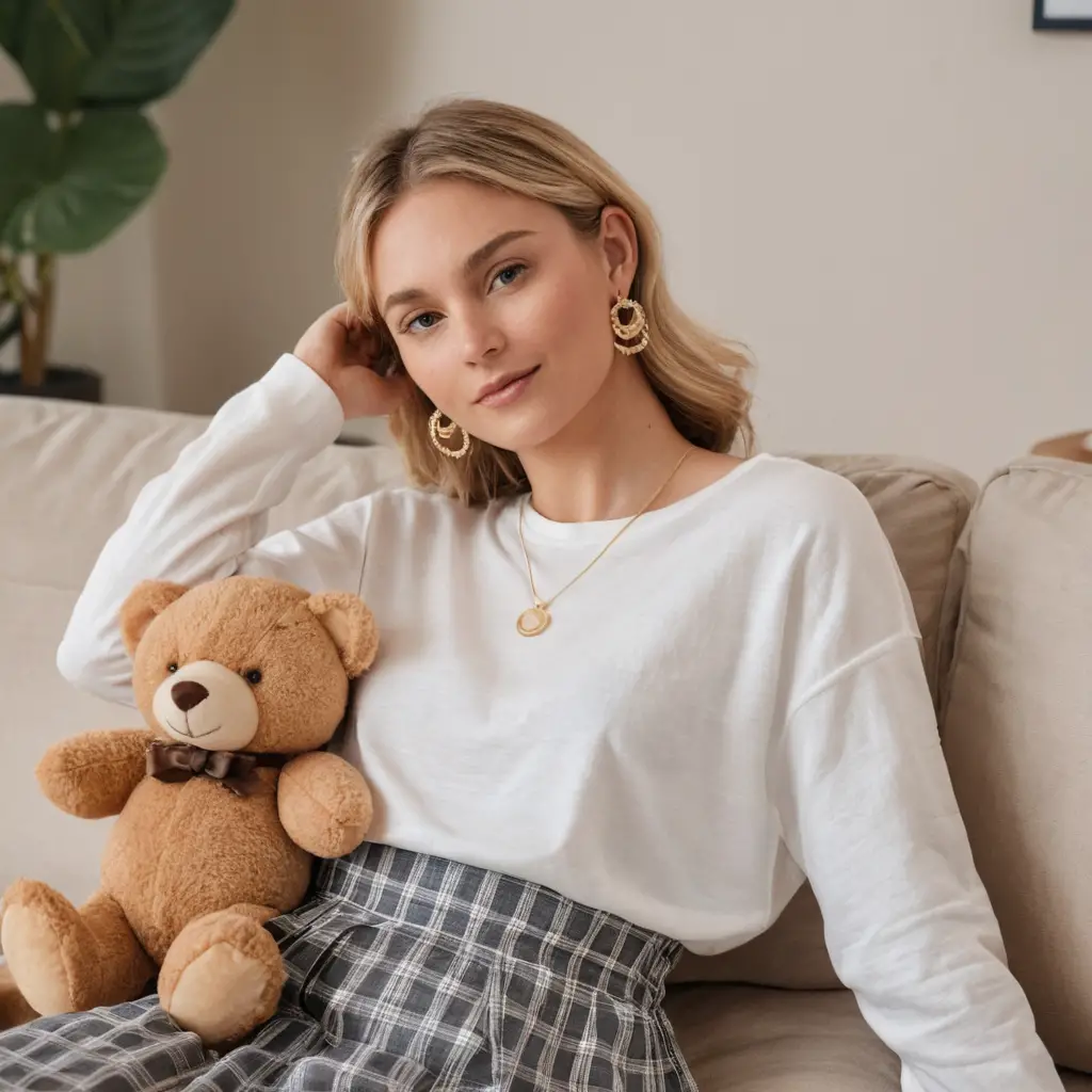 Mujer tumbada en un sillón abrazando un suave oso de peluche