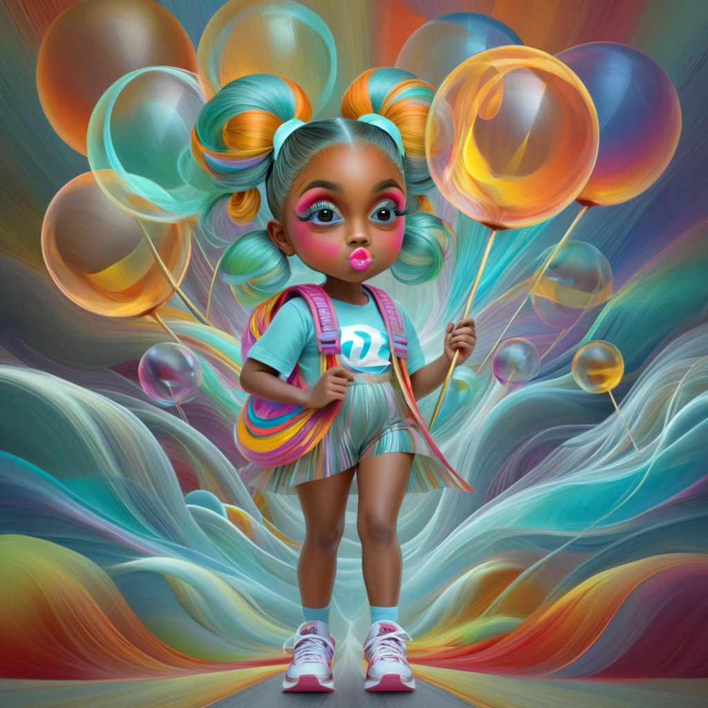 Whimsical surreal girl with giant sneakers and lollipop