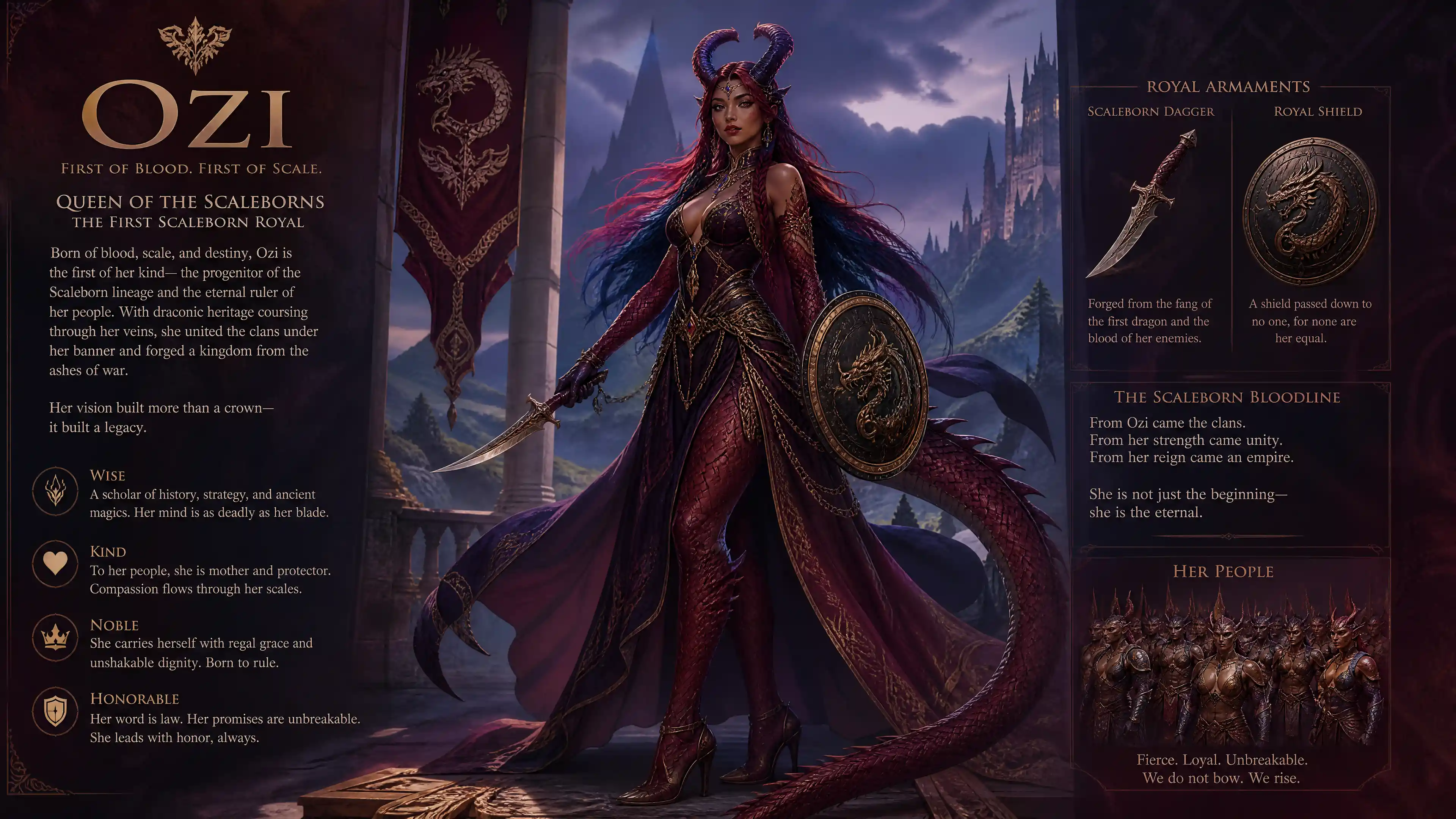 Regal scaleborn queen with dragon horns and red scales