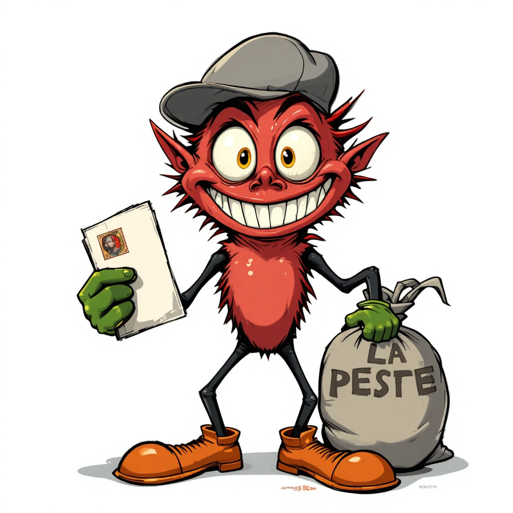 Playful red cartoon creature carrying mail and plague sack