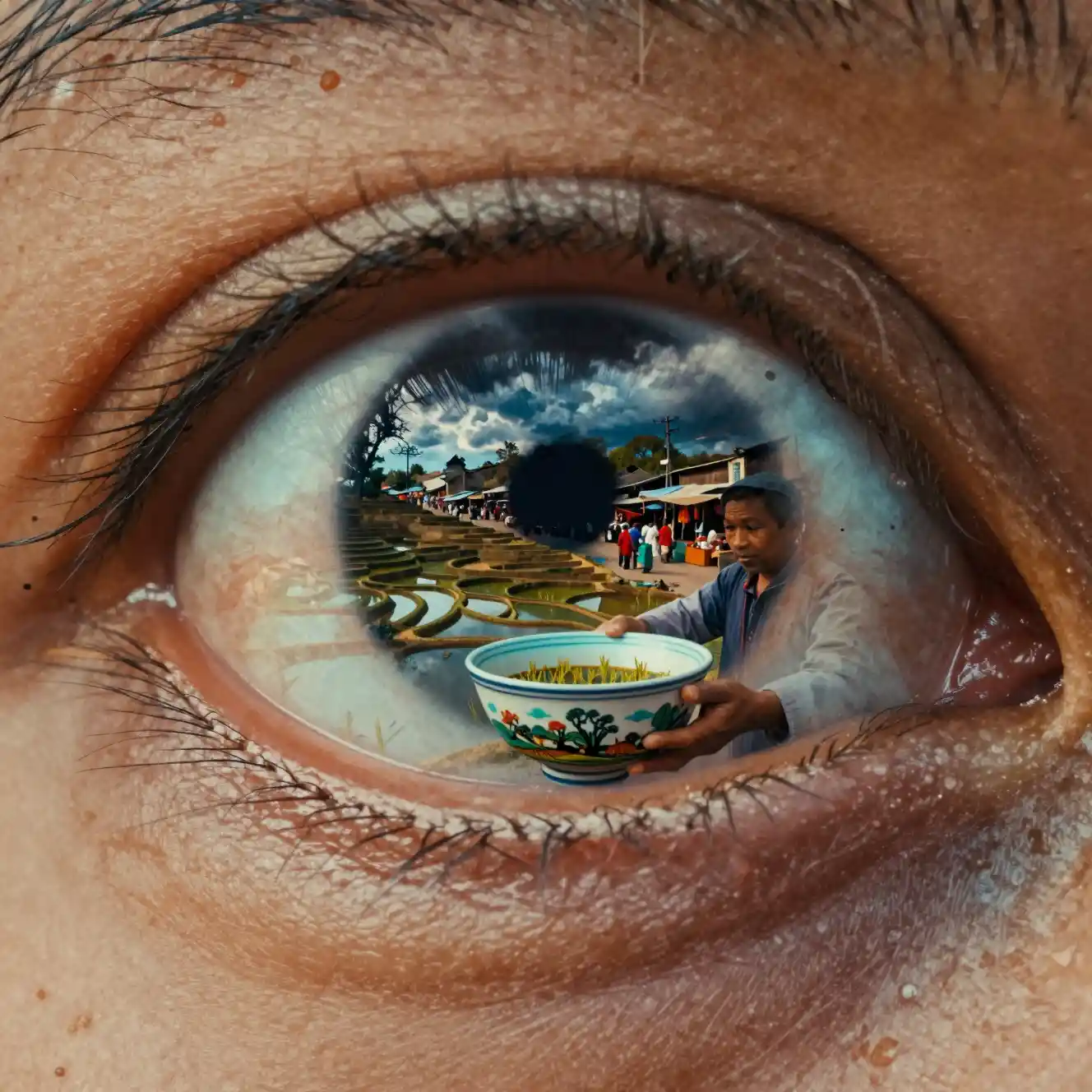 A weathered human eye reflecting a bustling street market
