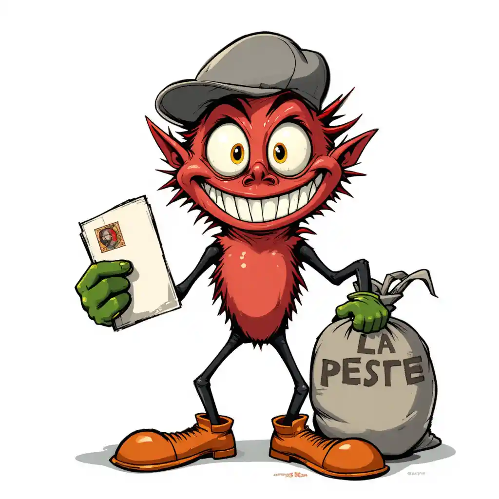 Verspielte rote Cartoon-Kreatur mit Post und Pestbeutel