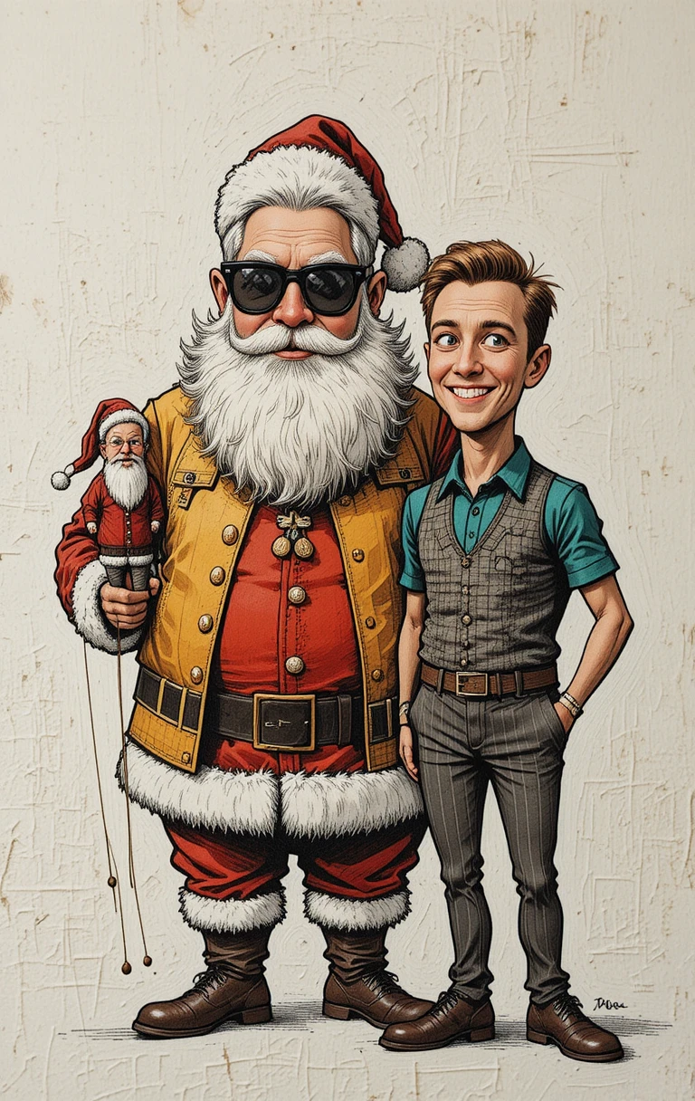 Humorous comic style santa claus with puppeteer companion