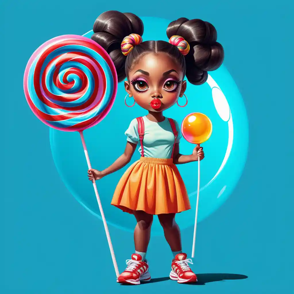 Surreal afrocentric girl with huge sneakers and lollipop