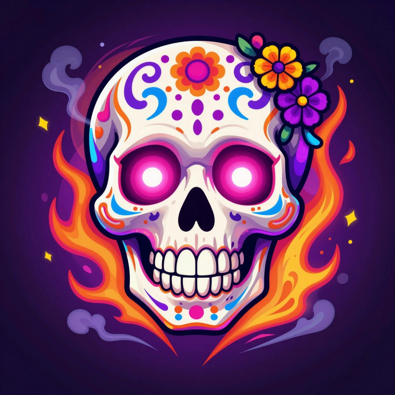 Neon cartoon skull with glowing eyes and swirling flames