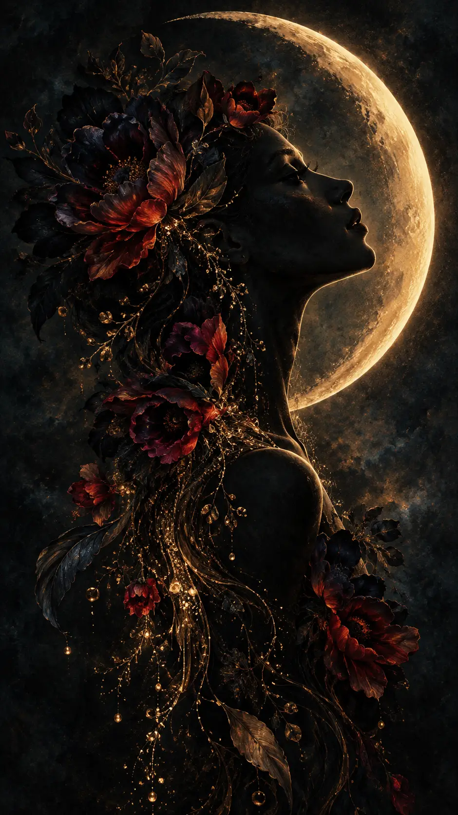 Femme surréaliste ombragée de profil avec halo de lune croissante