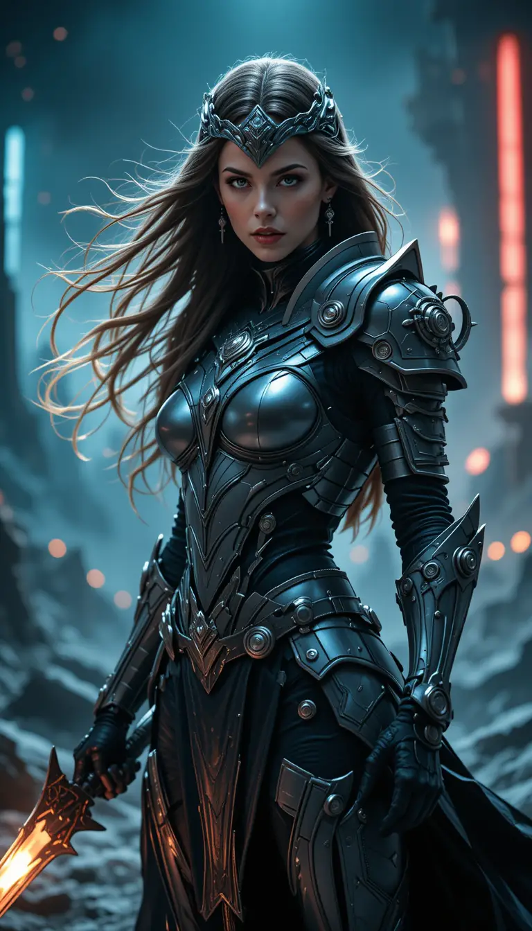 Feroce guerriera sci‑fi tra rovine aliene
