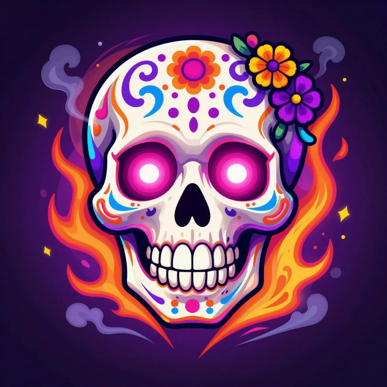 Caveira cartunesca neon com olhos brilhantes e chamas em espiral