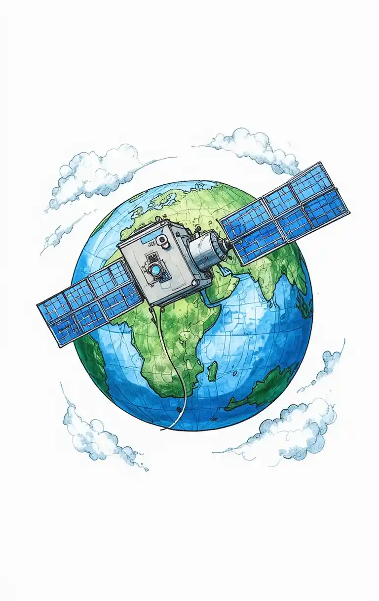 Cartoon-Satellit mit stilisierten Wolken mit der Erde verbunden