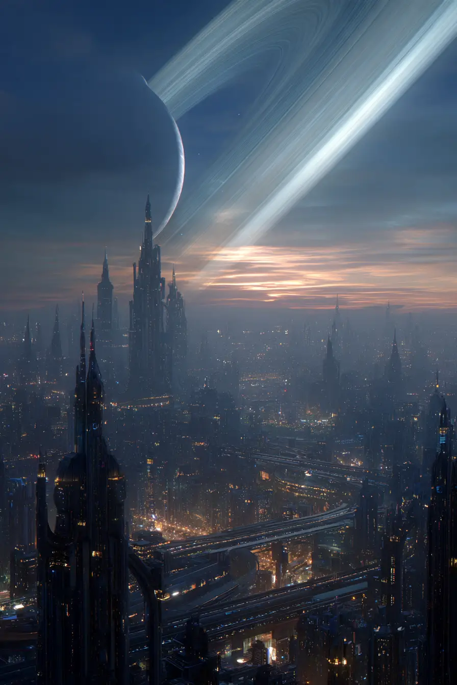 Città Aliena Futuristica con Torreggianti Megastrutture al Crepuscolo