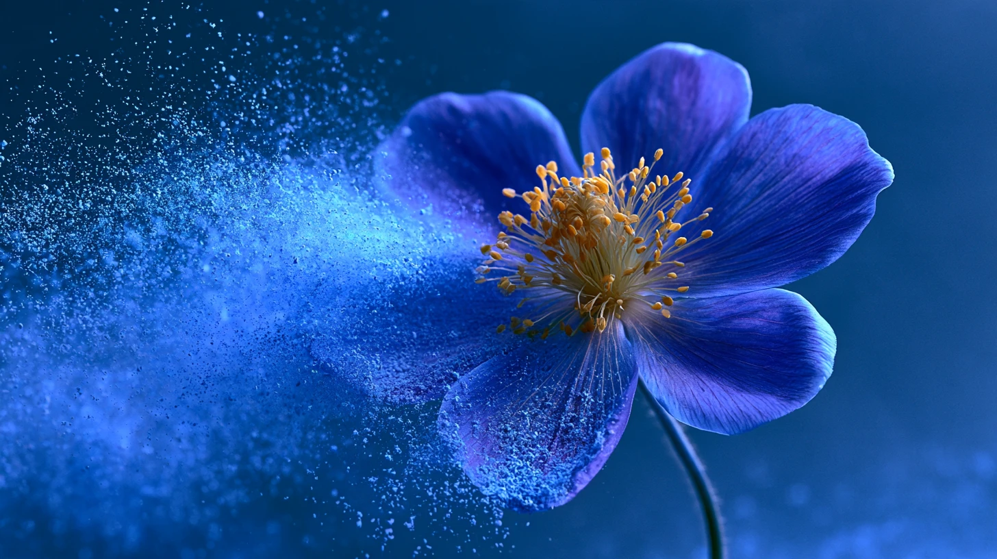 Blue flower with yellow petals in mystical blue dust
