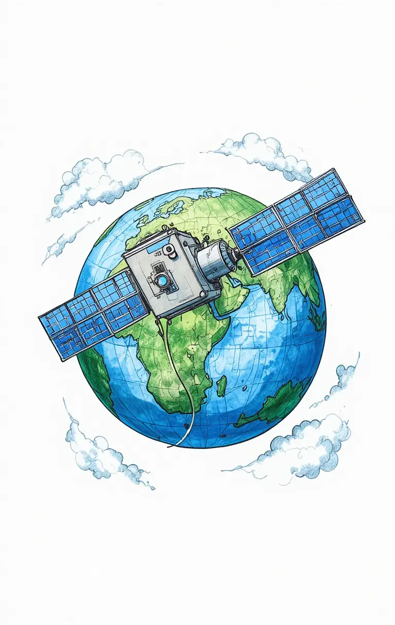 Satellite a cartone animato collegato alla Terra con nuvole stilizzate