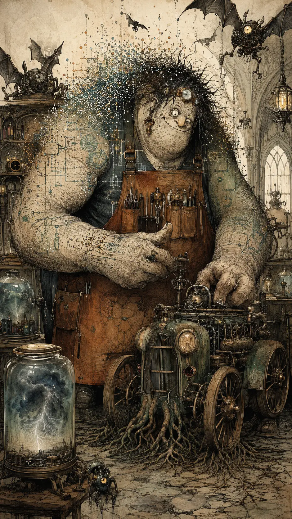 Mecánico Monstruo Excéntrico en un Taller de Garaje Gótico Surrealista
