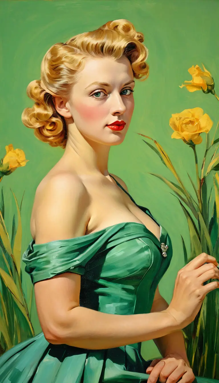 Pin-up blonde nue sur une colline d’herbe vert vif