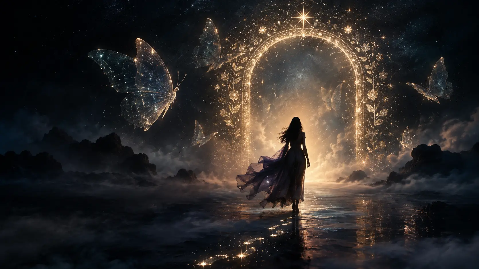 Donna in controluce che cammina verso un arco celestiale luminoso