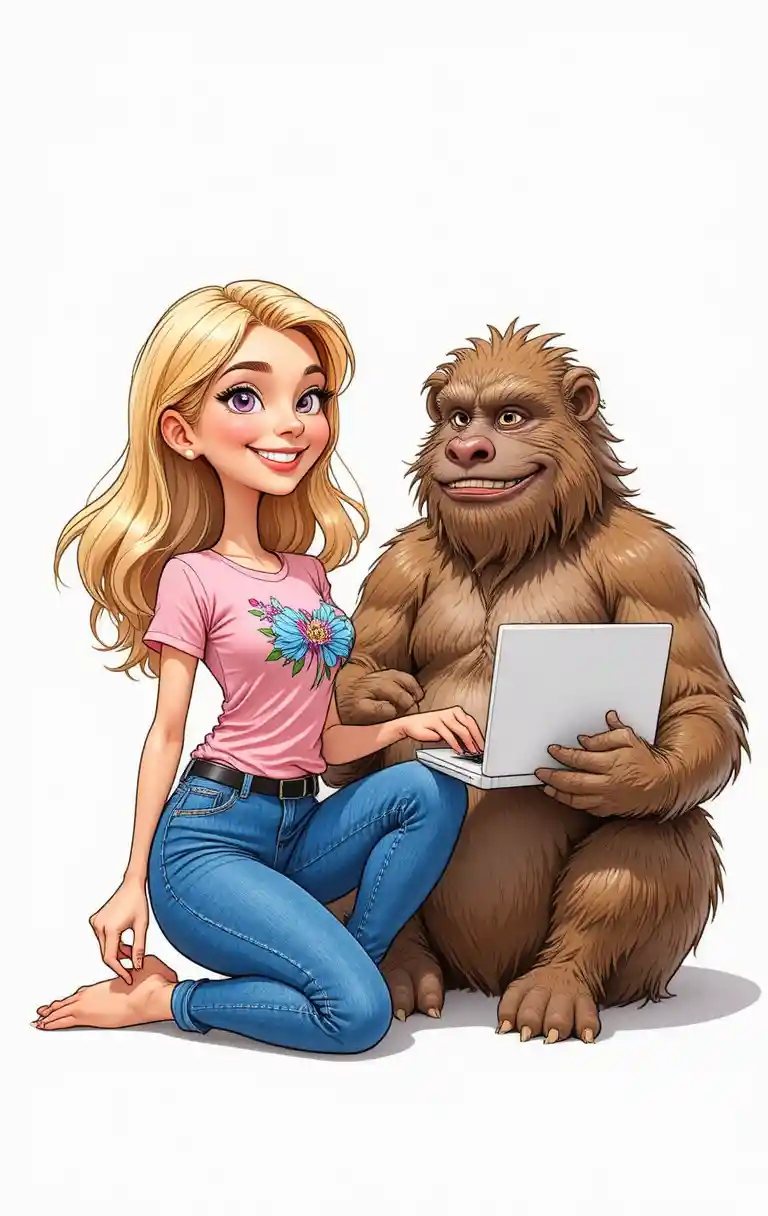 Menina sorridente com urso marrom usando um laptop juntos