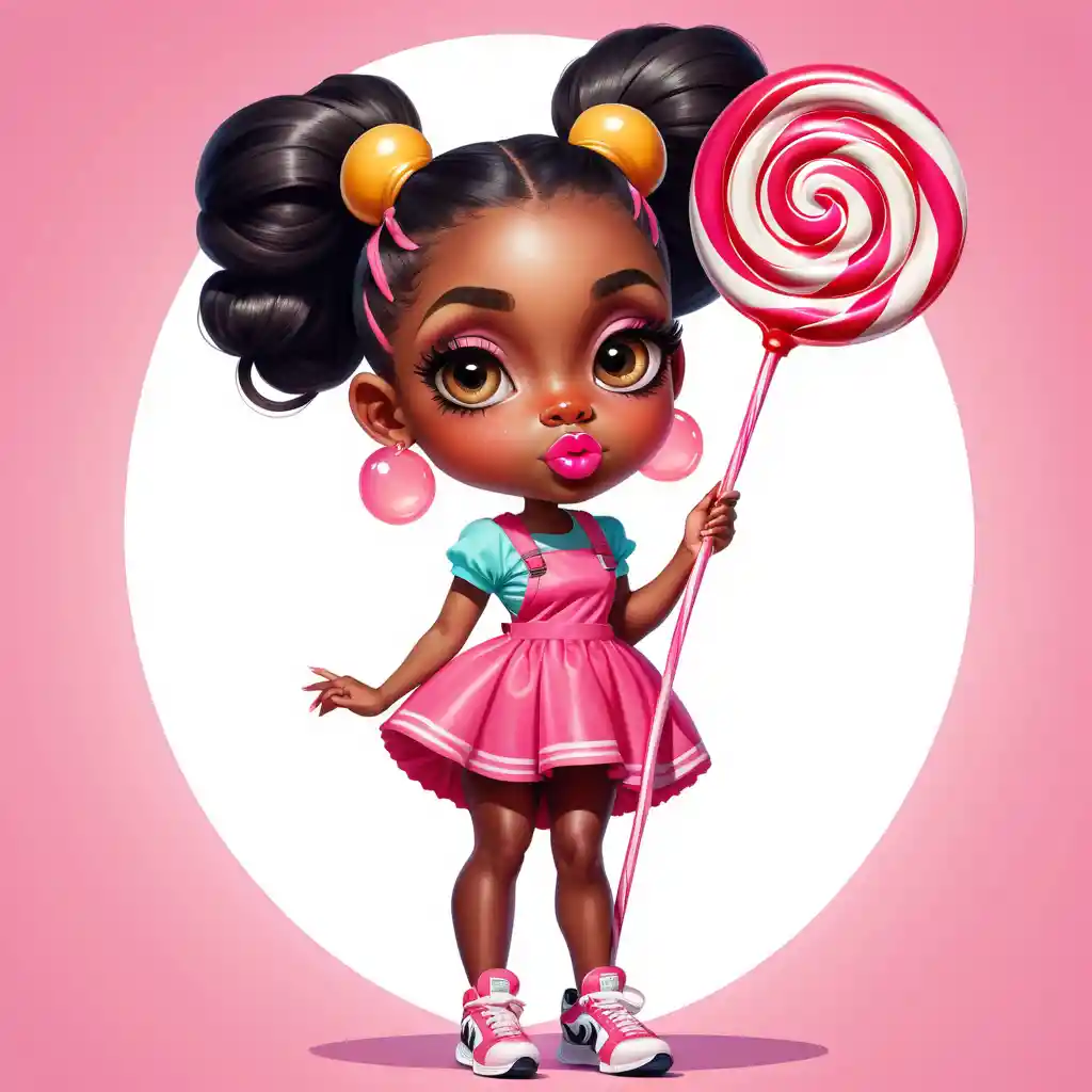 Cartoon girl with big eyes and giant sneakers holding lollipop