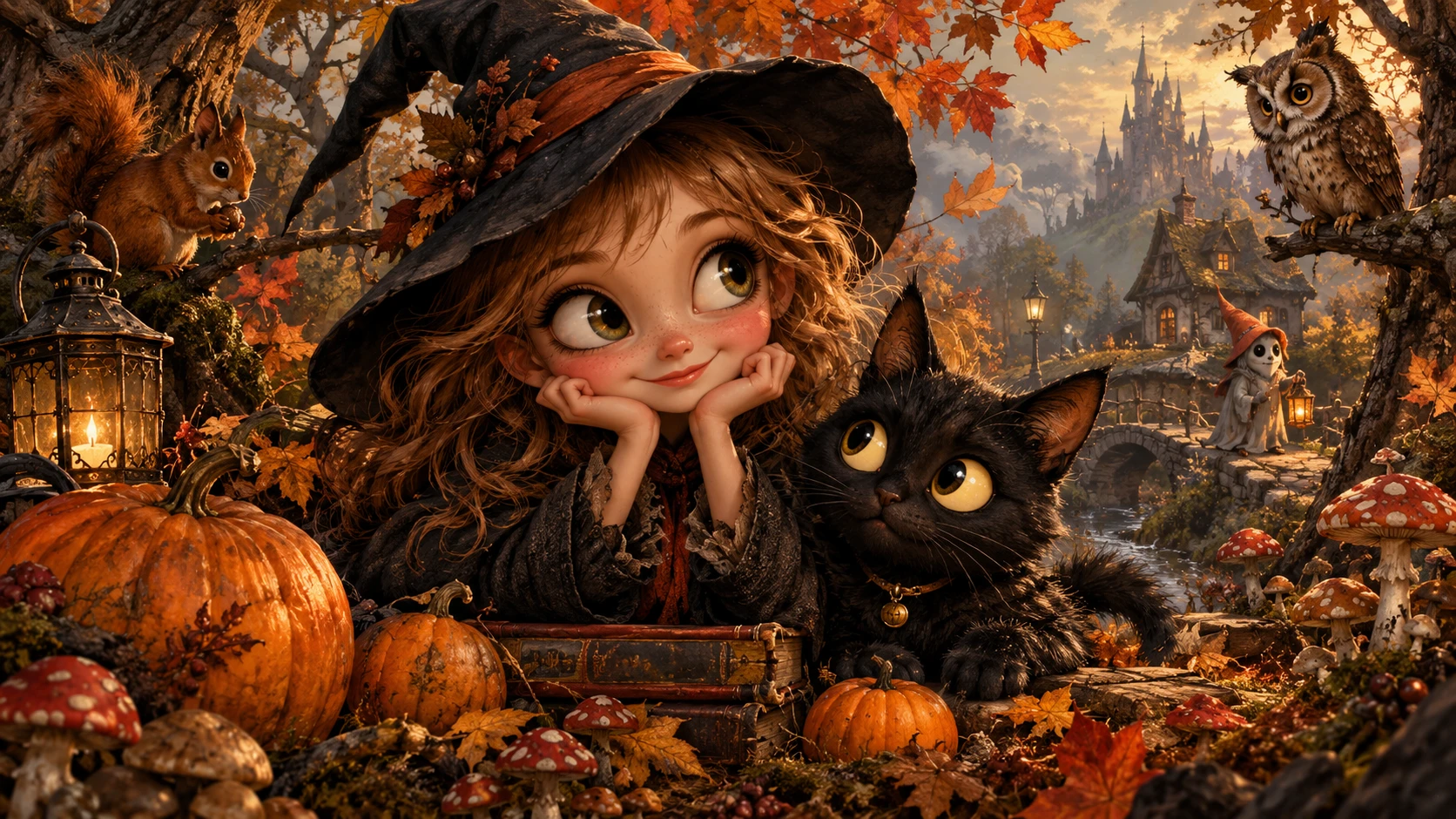 Ilustración de fantasía lúdica en un bosque otoñal