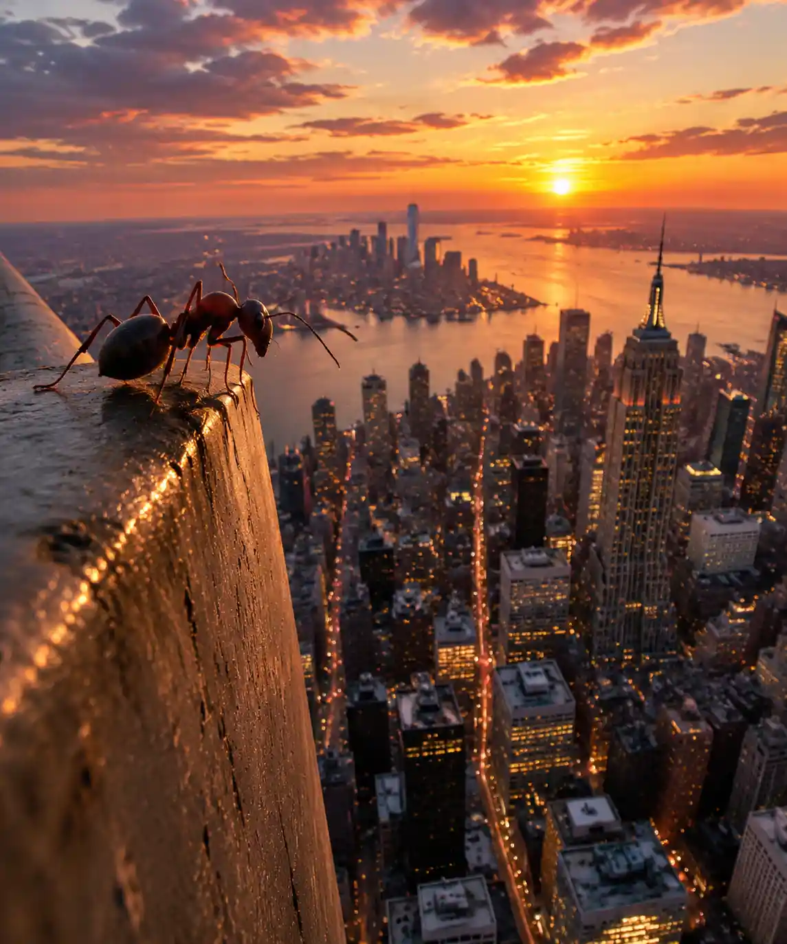 Hormiga en el borde de un rascacielos sobre el horizonte de la ciudad al atardecer
