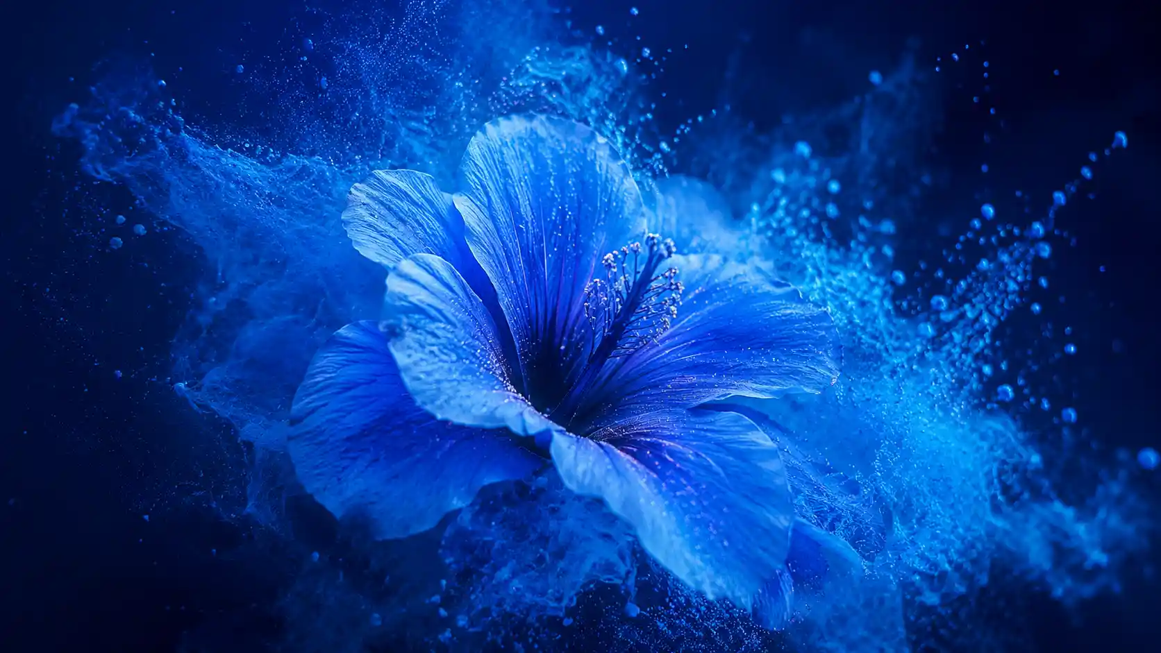 Blue flower with mystical blue powder on blue background