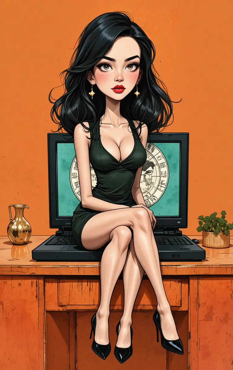 Mulher estilizada em mesa laranja trabalhando em computador de astrologia