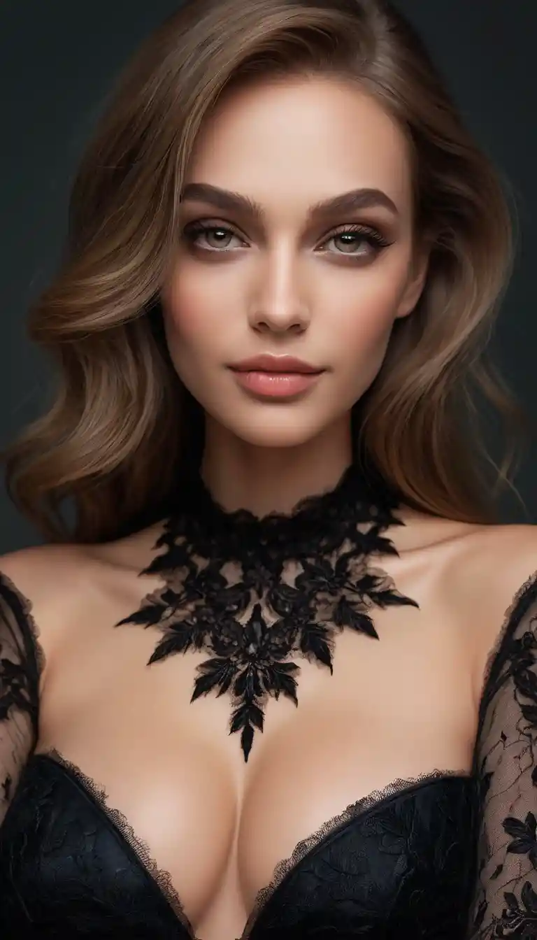 Flirtatious woman in black lace dress at night