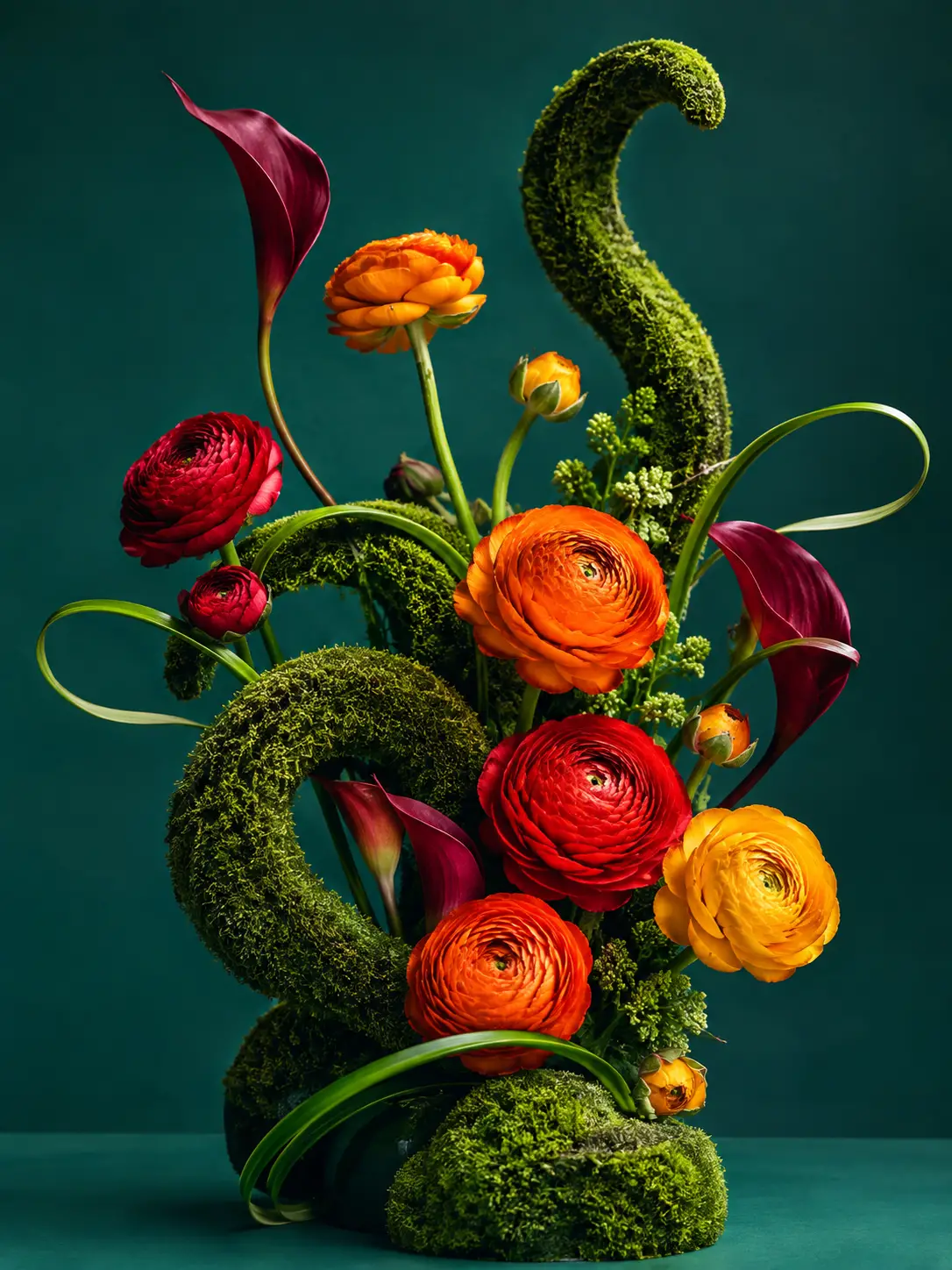 Arranjo floral abstrato com vibrantes flores de ranúnculo