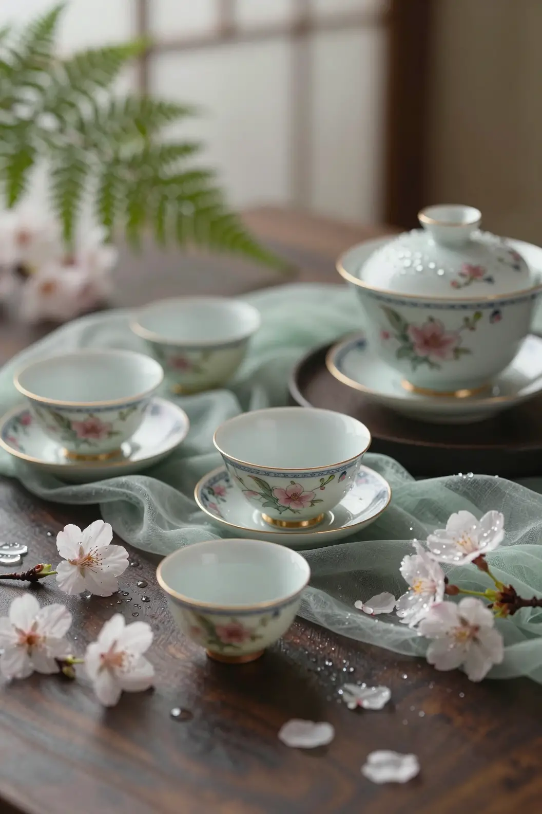 Ornate tea set with sakura on dark wooden table