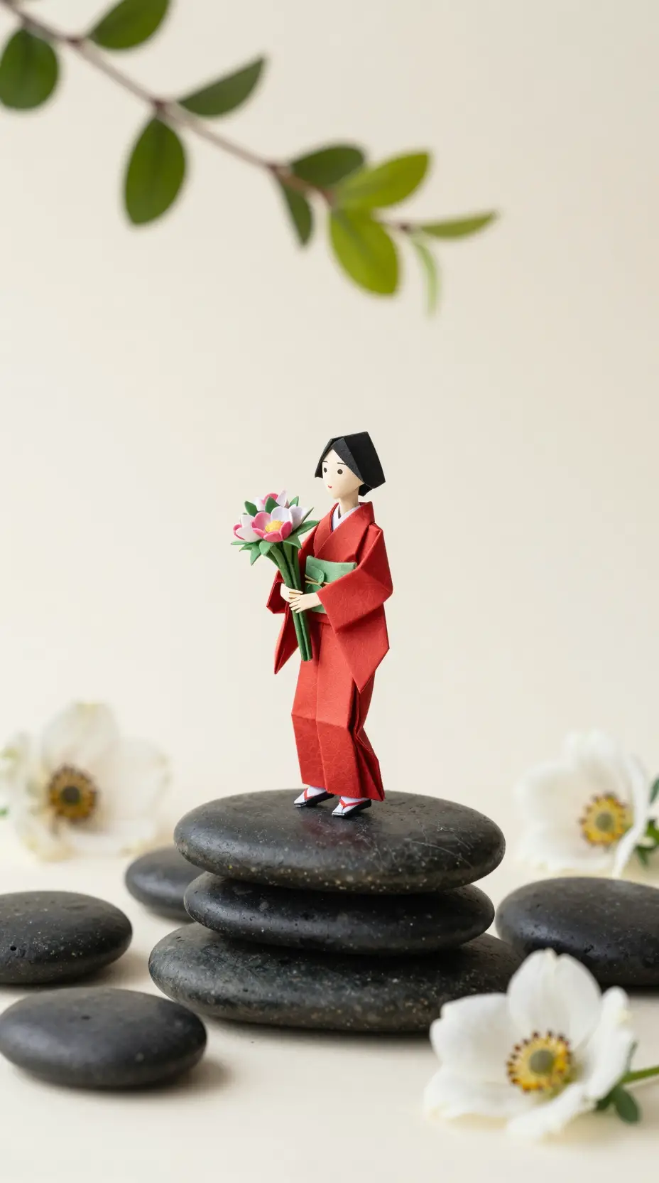 Mujer de origami con kimono rojo sobre piedras de río apiladas