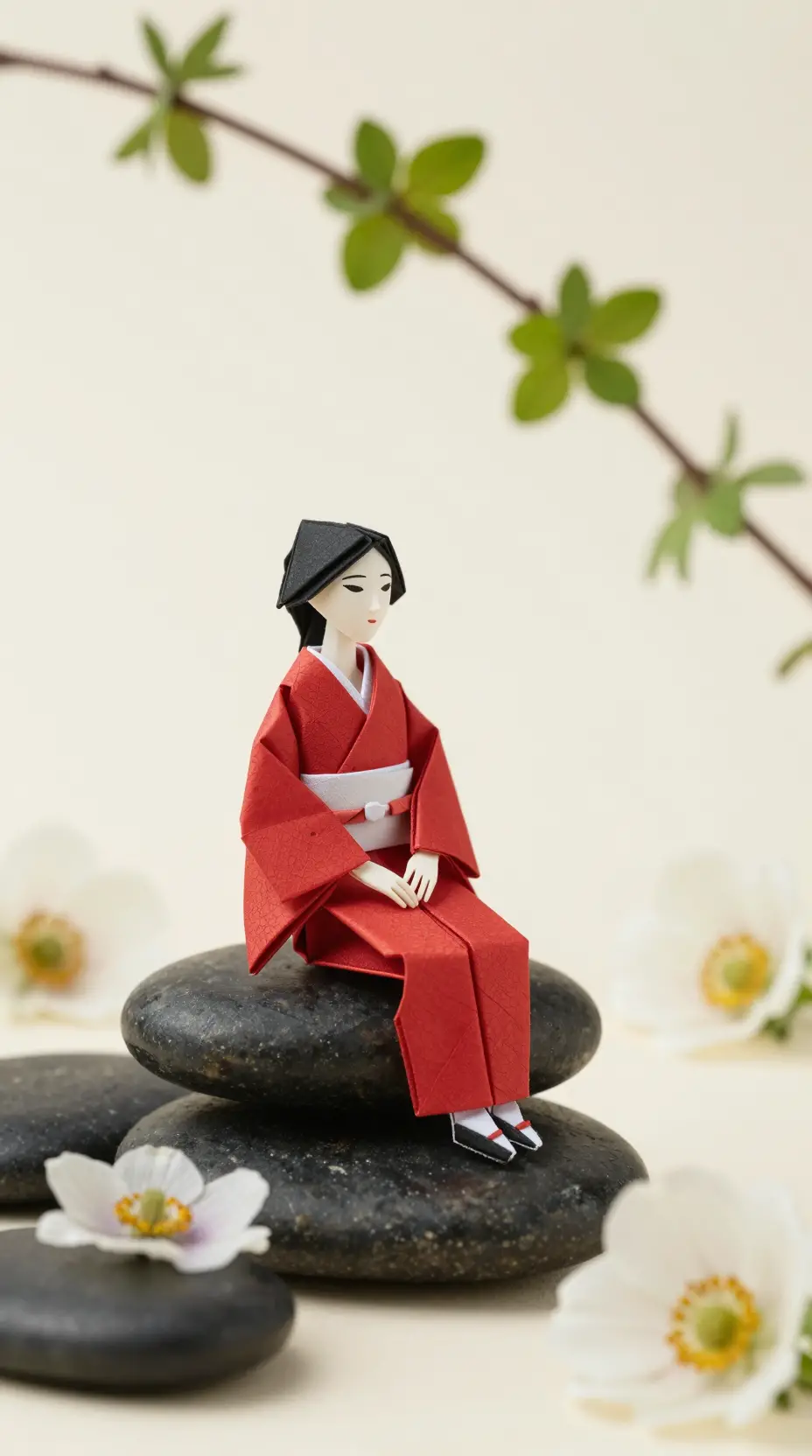 Mujer de origami con kimono rojo sobre piedras con flores blancas