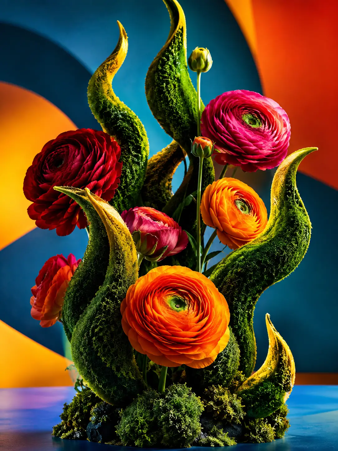 Arranjo floral abstrato com musgo em forma de chama e ranúnculos
