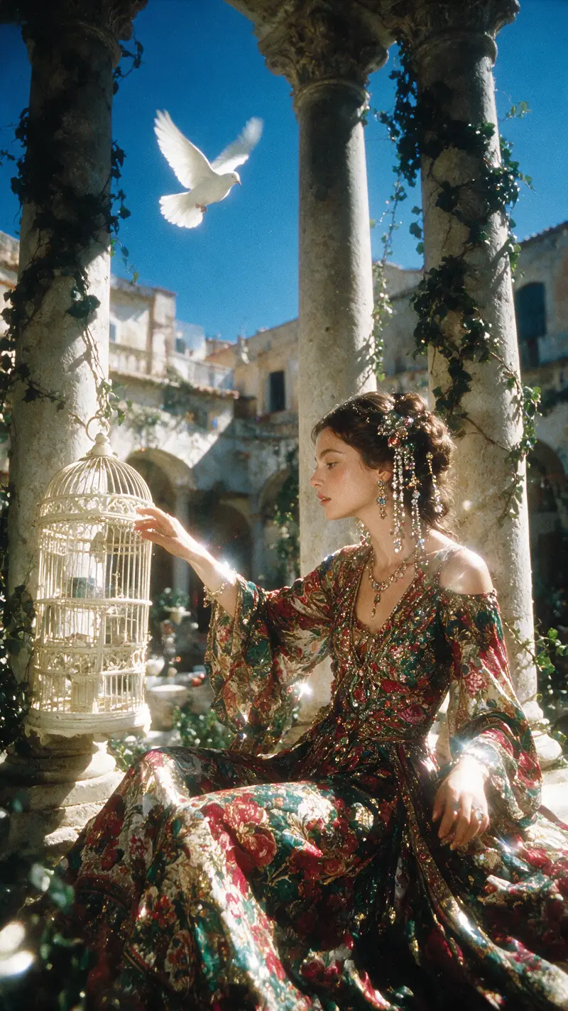 Young woman in bohemian dress in Mediterranean courtyard