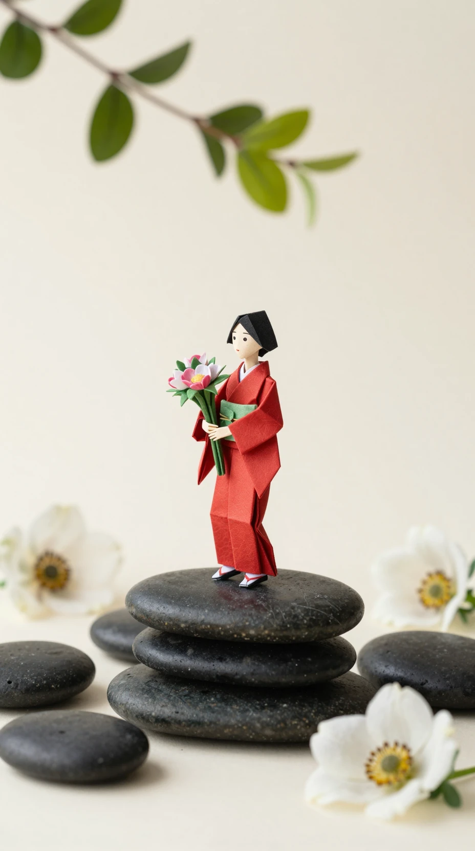 Origami woman in red kimono on stacked river stones