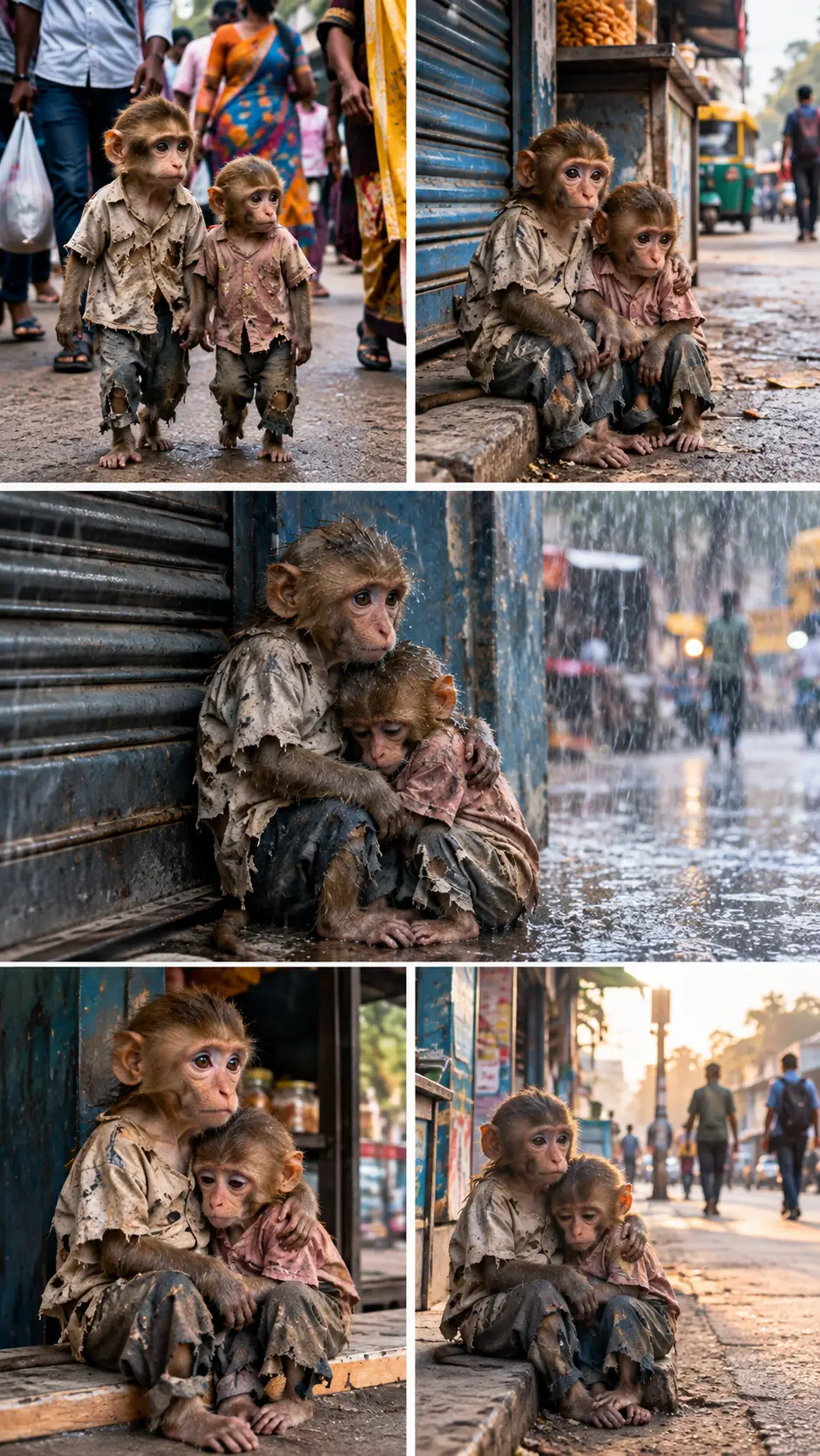Dos monitos bebés entre personas en una calle india abarrotada