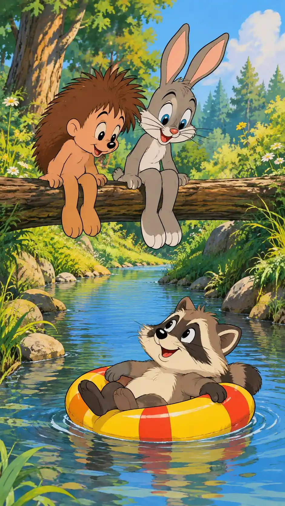 Hedgehog and rabbit watching a smiling raccoon on the water