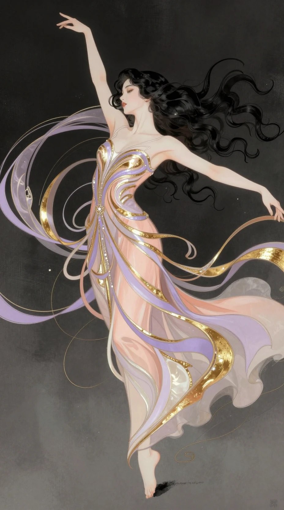 Dancing woman in flowing metallic gown on dark background