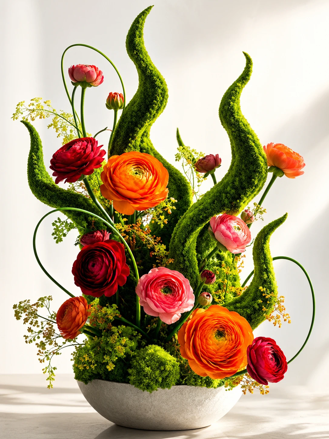 Arranjo floral abstrato com formas de musgo curvas como chamas