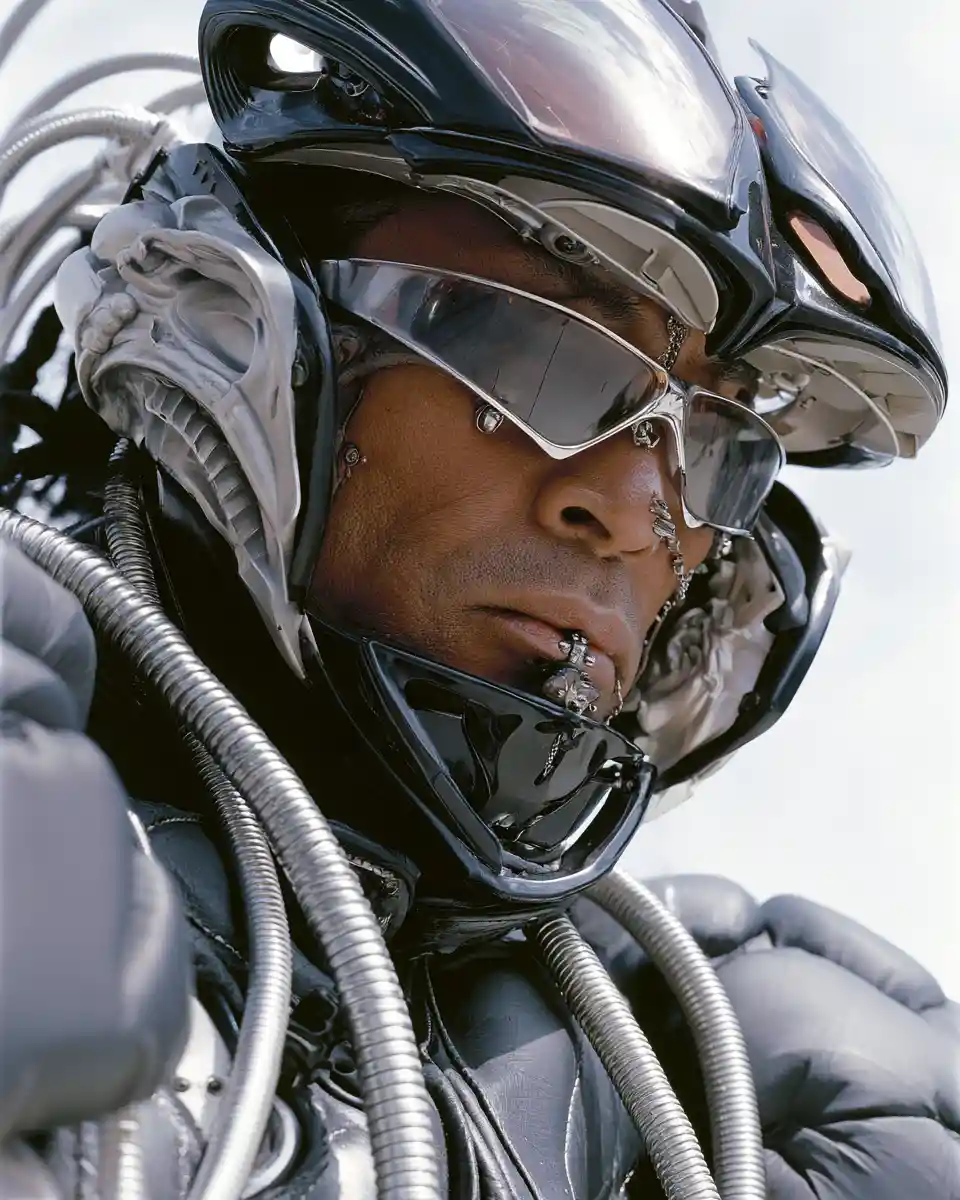 Retrato intenso de motorista con casco futurista y piercings