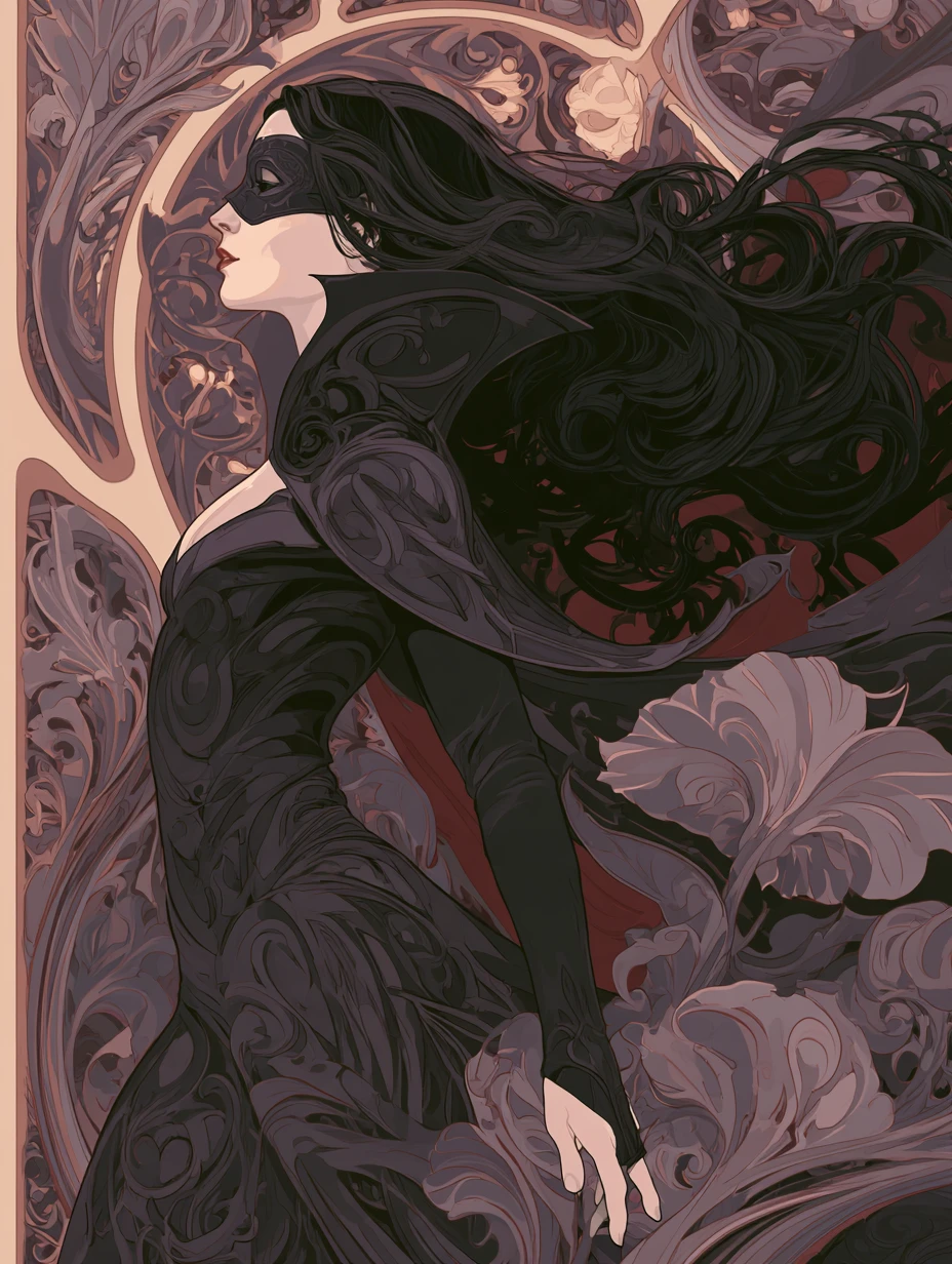 Elegant masked woman in a gothic halloween party scene