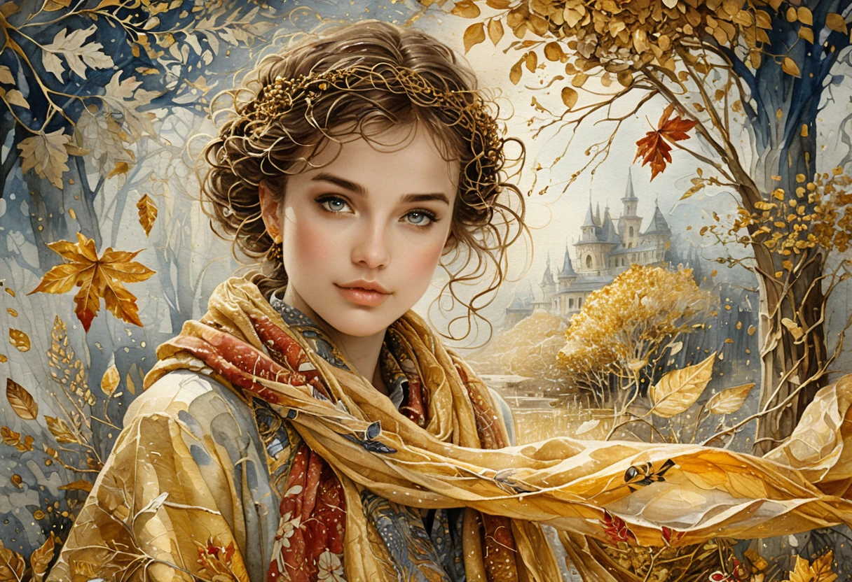 Herbstfrau in einen magischen goldenen Aquarellschal gehüllt