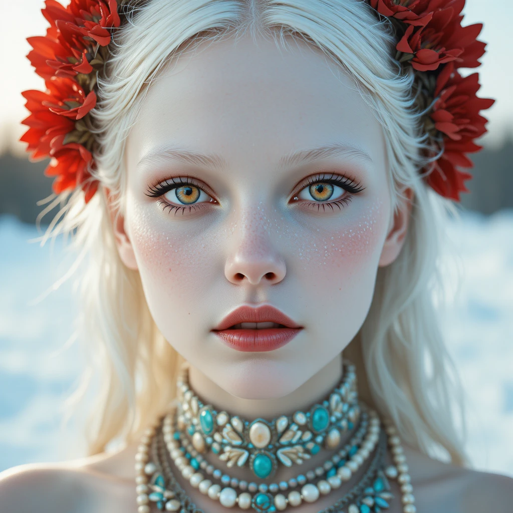 Albino girl with yellow eyes in snowy blue landscape