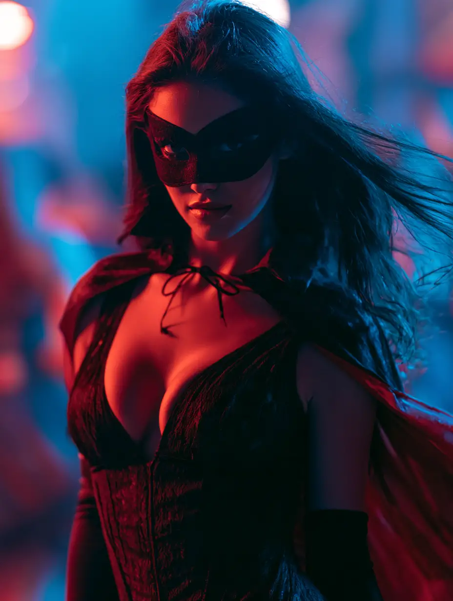 Elegant woman in black vampire costume at halloween party